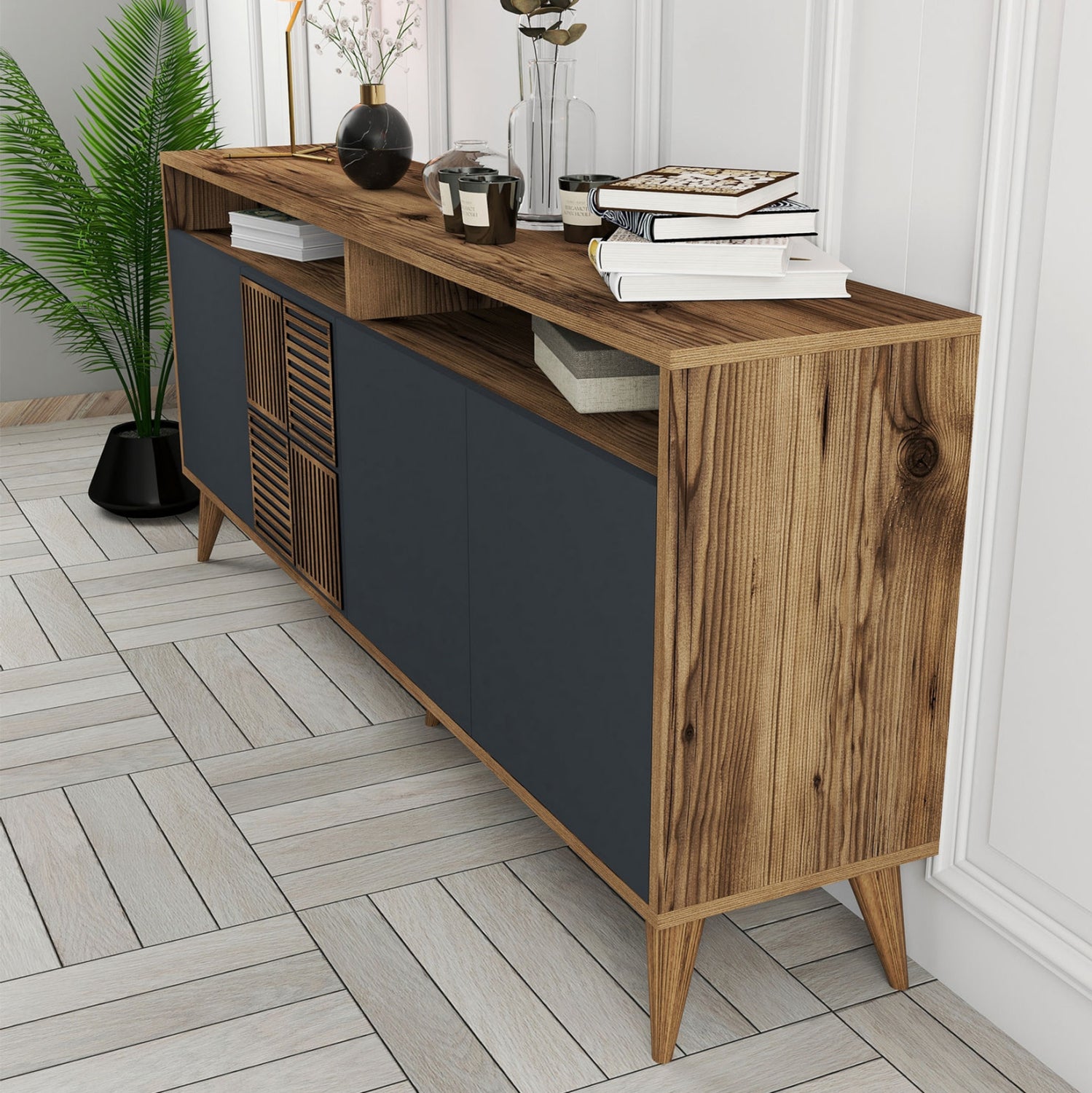 BUFFET MELAMINE IN WALNUT AND CHARCOAL GREY DOORS 180x35x78.6Hcm.HM9431.01