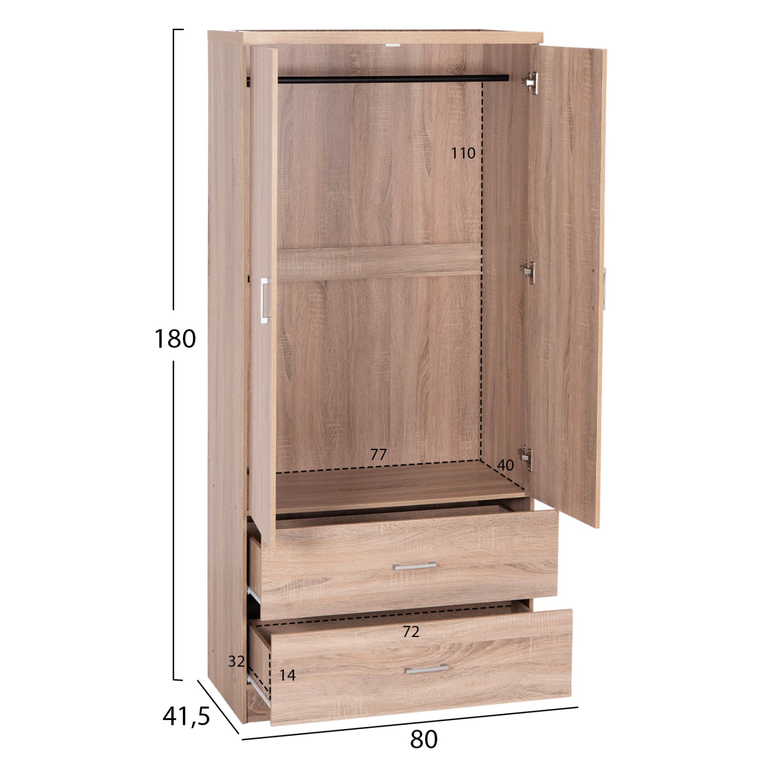 Wardrobe 2 Door with 2 drawers HM338.02 Sonama 80x41.5x180Ηcm.