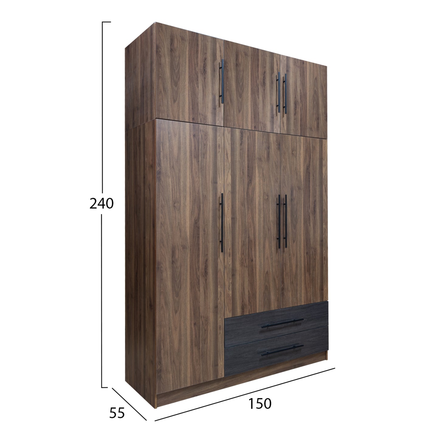 WARDROBE 3-LEAF WITH UPPER CABINET (LOFT) CARYS HM10887.11 MELAMINE IN WALNUT/ZEBRANO 150x55.5x240Hcm