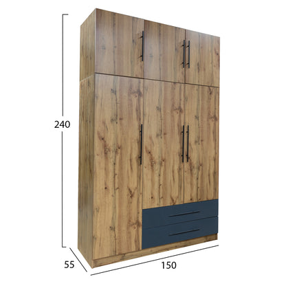 WARDROBE 3-LEAF WITH UPPER CABINET (LOFT) CARYS HM10887.12 MELAMINE IN NATURAL/GREY 150x55.5x240Hcm