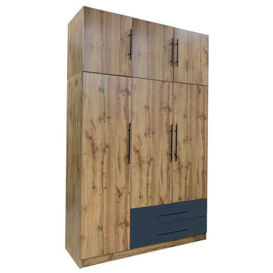 WARDROBE 3-LEAF WITH UPPER CABINET (LOFT) CARYS HM10887.12 MELAMINE IN NATURAL/GREY 150x55.5x240Hcm