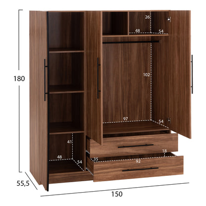 WARDROBE 3-LEAF WITH 2 DRAWERS HARRY HM18390.01 MELAMINE IN NATURAL WOOD & BLACK 150x55x180Hcm