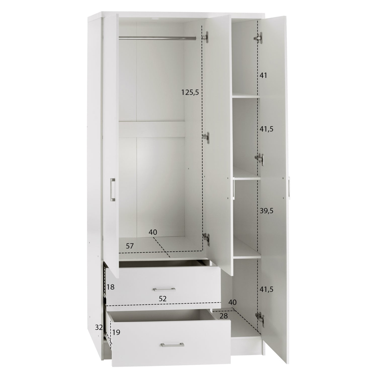 WARDROBE WITH 3 DOORS AND 2 DRAWERS HM340.05 IN WHITE 89x42,5x181 cm.