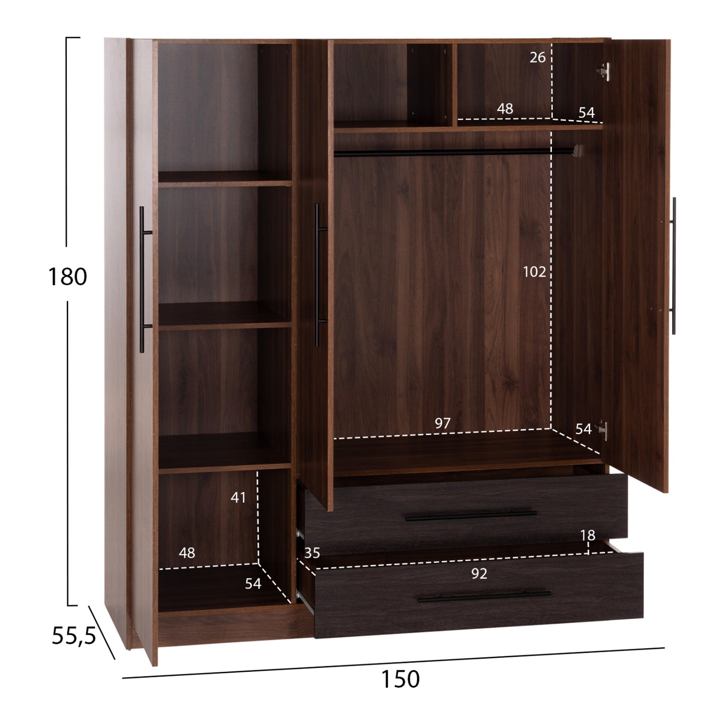 WARDROBE 3-LEAF WITH 2 DRAWERS CARYS HM746.11 MELAMINE IN WALNUT/ZEBRANO 150x55.5x180Hcm