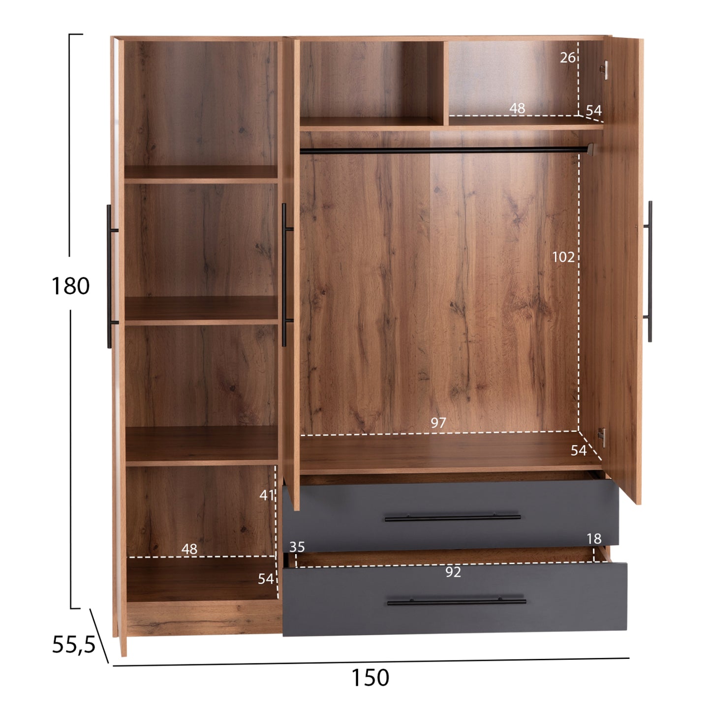 WARDROBE 3-LEAF WITH 2 DRAWERS CARYS HM746.12 MELAMINE IN NATURAL/GREY 150x55.5x160Hcm