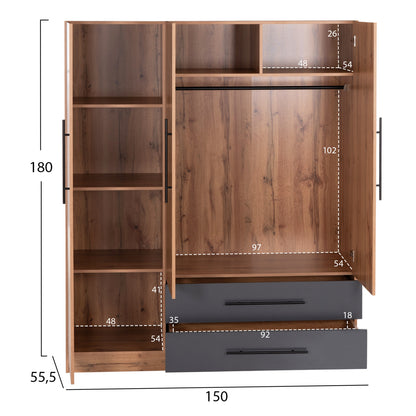 WARDROBE 3-LEAF WITH 2 DRAWERS CARYS HM746.12 MELAMINE IN NATURAL/GREY 150x55.5x160Hcm