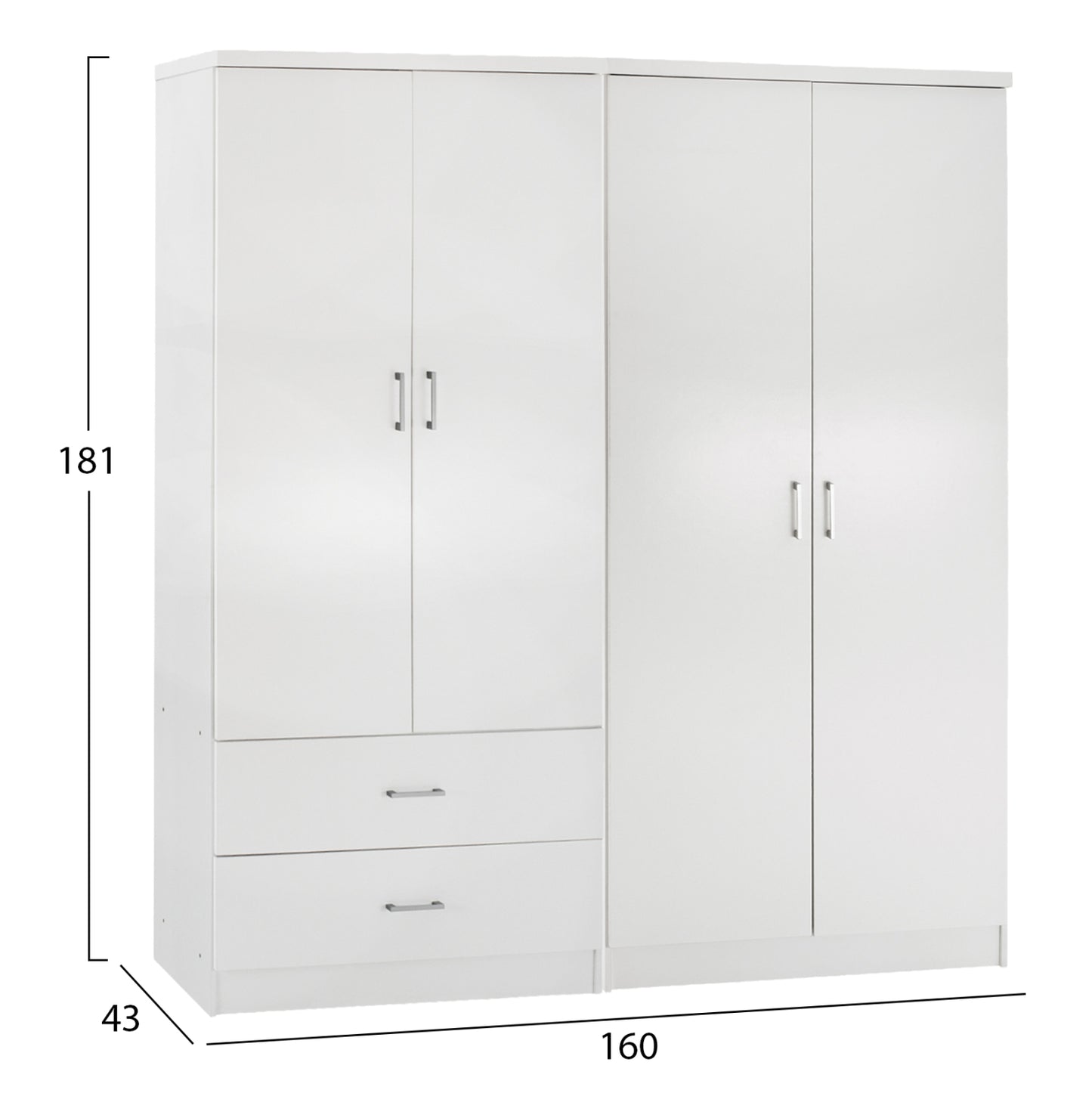 4-LEAF WARDROBE WITH 2 DRAWERS JENNA HM11351.05 MELAMINE IN WHITE 160x43x181Hcm.