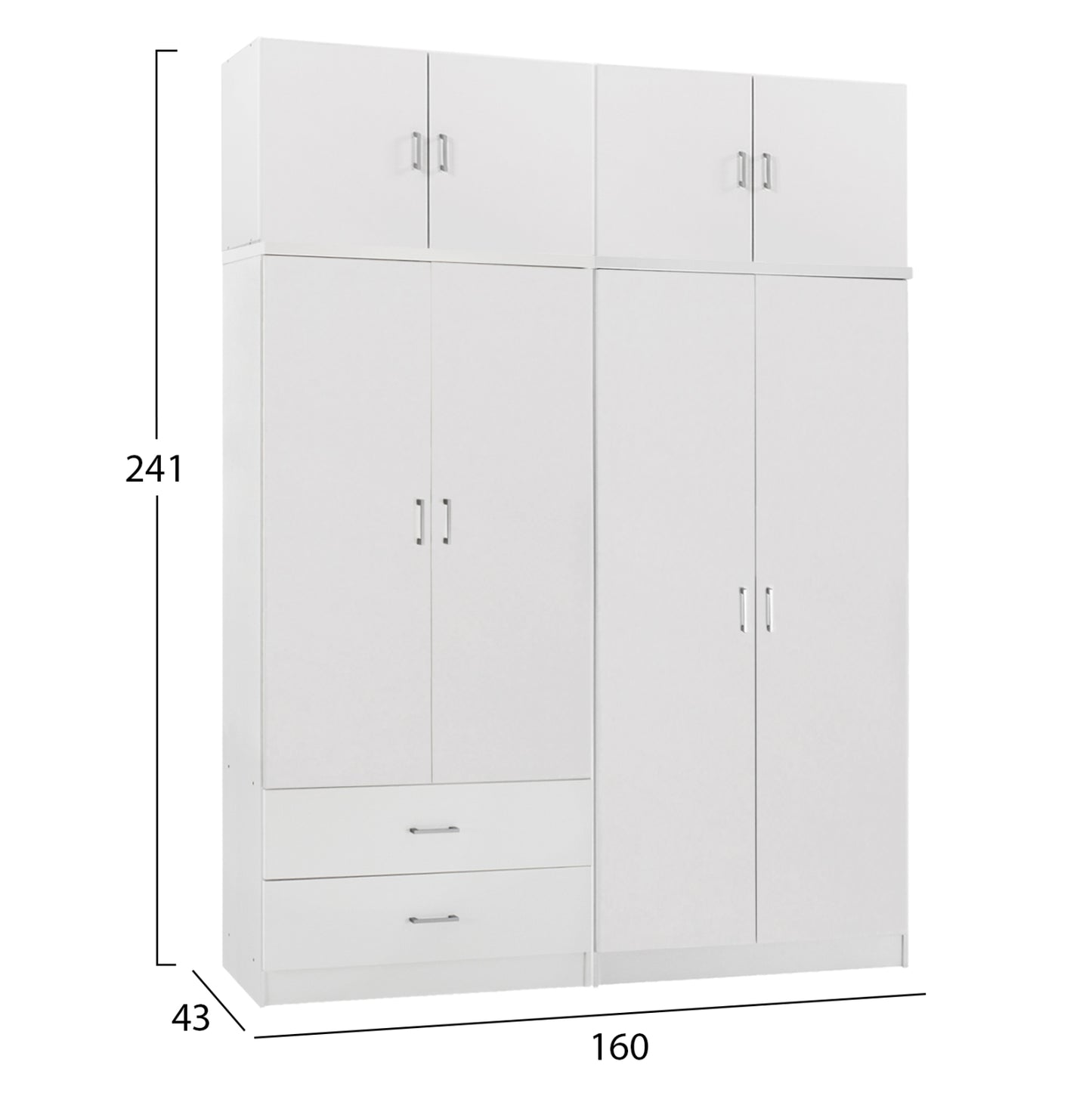 WARDROBE 4-LEAF WITH LOFT & DRAWERS JENNA HM11355.05 MELAMINE IN WHITE 160x43x240Hcm
