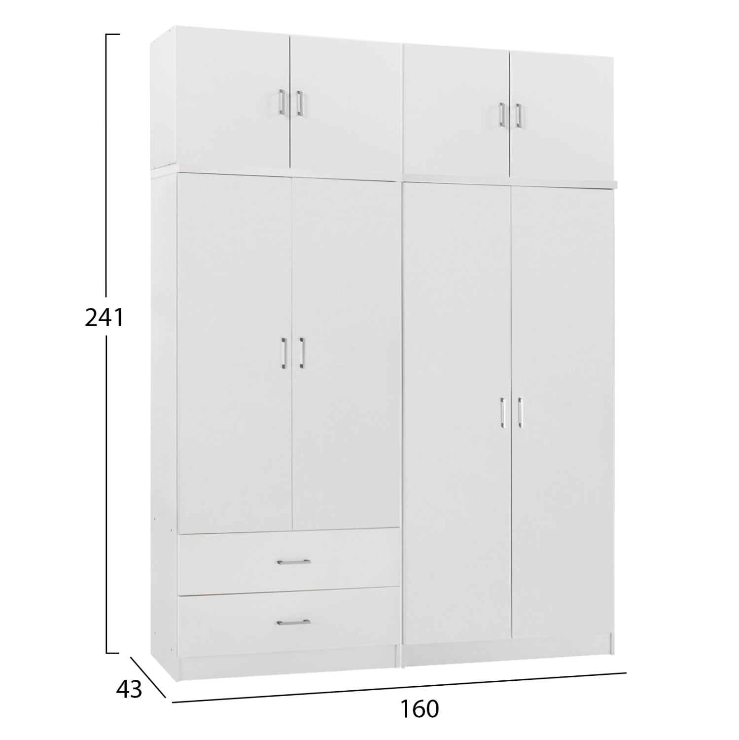 WARDROBE 4-LEAF WITH LOFT & DRAWERS JENNA HM11355.05 MELAMINE IN WHITE 160x43x240Hcm