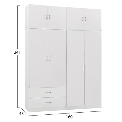 WARDROBE 4-LEAF WITH LOFT & DRAWERS JENNA HM11355.05 MELAMINE IN WHITE 160x43x240Hcm