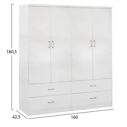 WARDROBE 4-LEAF WITH 4 DRAWERS REINA HM21258 MELAMINE IN WHITE 160x42.5x180.5Η