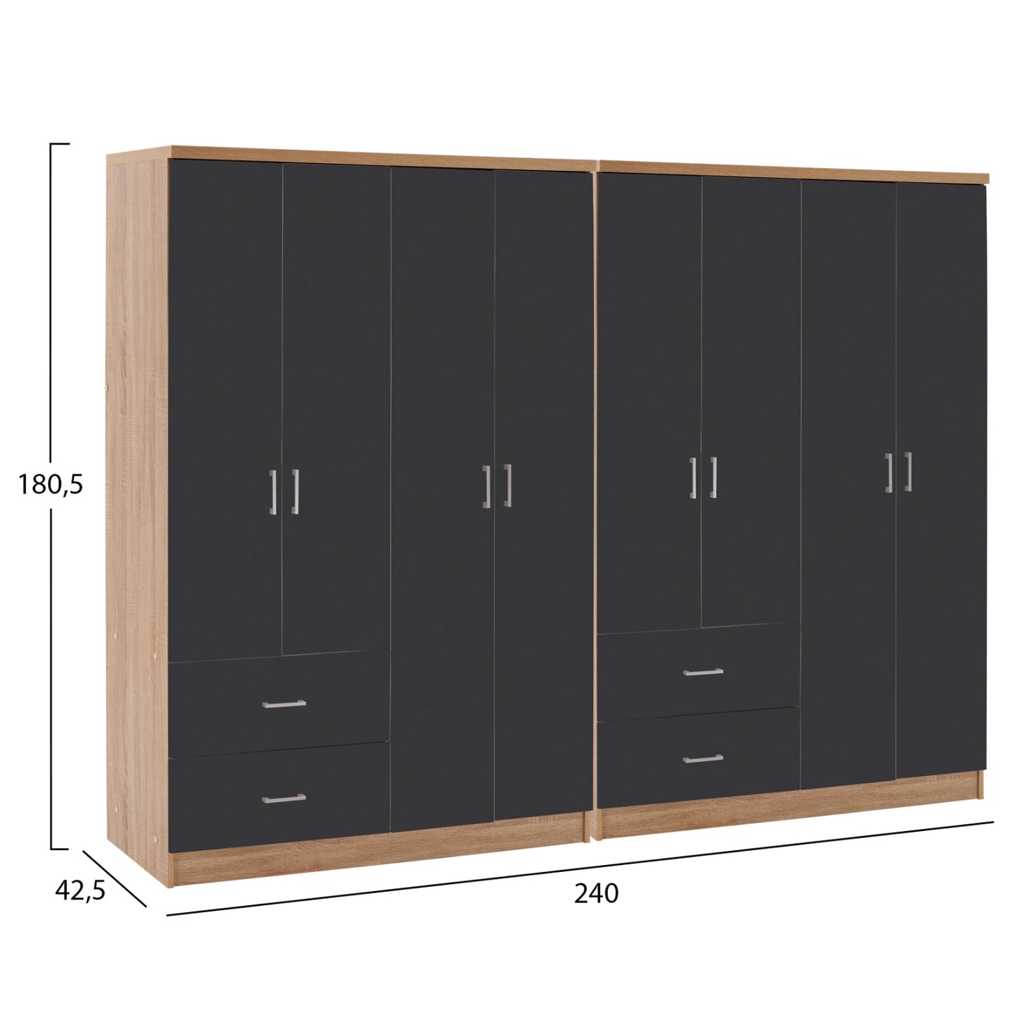8-LEAF WARDROBE BRIANA HM21237.01 MELAMINE IN SONAMA & DARK GREY 241x42,5Χ180,5Hcm.