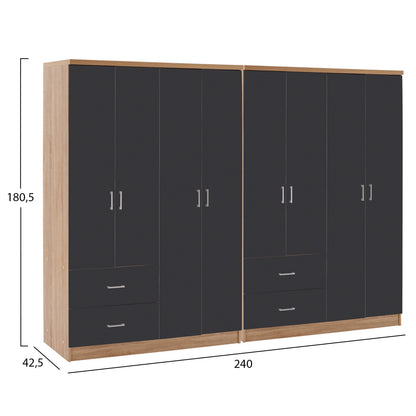 8-LEAF WARDROBE BRIANA HM21237.01 MELAMINE IN SONAMA & DARK GREY 241x42,5Χ180,5Hcm.