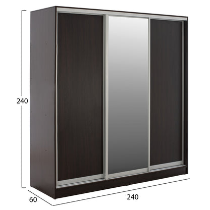WARDROBE ADLER SLIDING MELAMINE WENGE WITH MIRROR 3-LEAF 240x60x240H HM2462.02