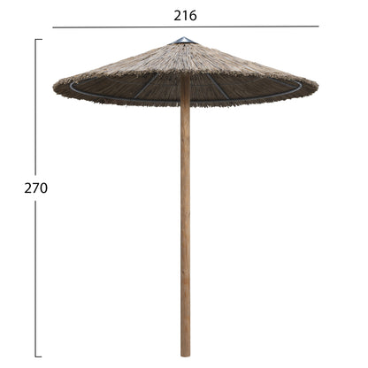 UMBRELLA HM10744 POST WITH STRAW SHADE--PINE WOOD POLE & SIDE TABLE--SUPPORT BEAMS Φ216x270H