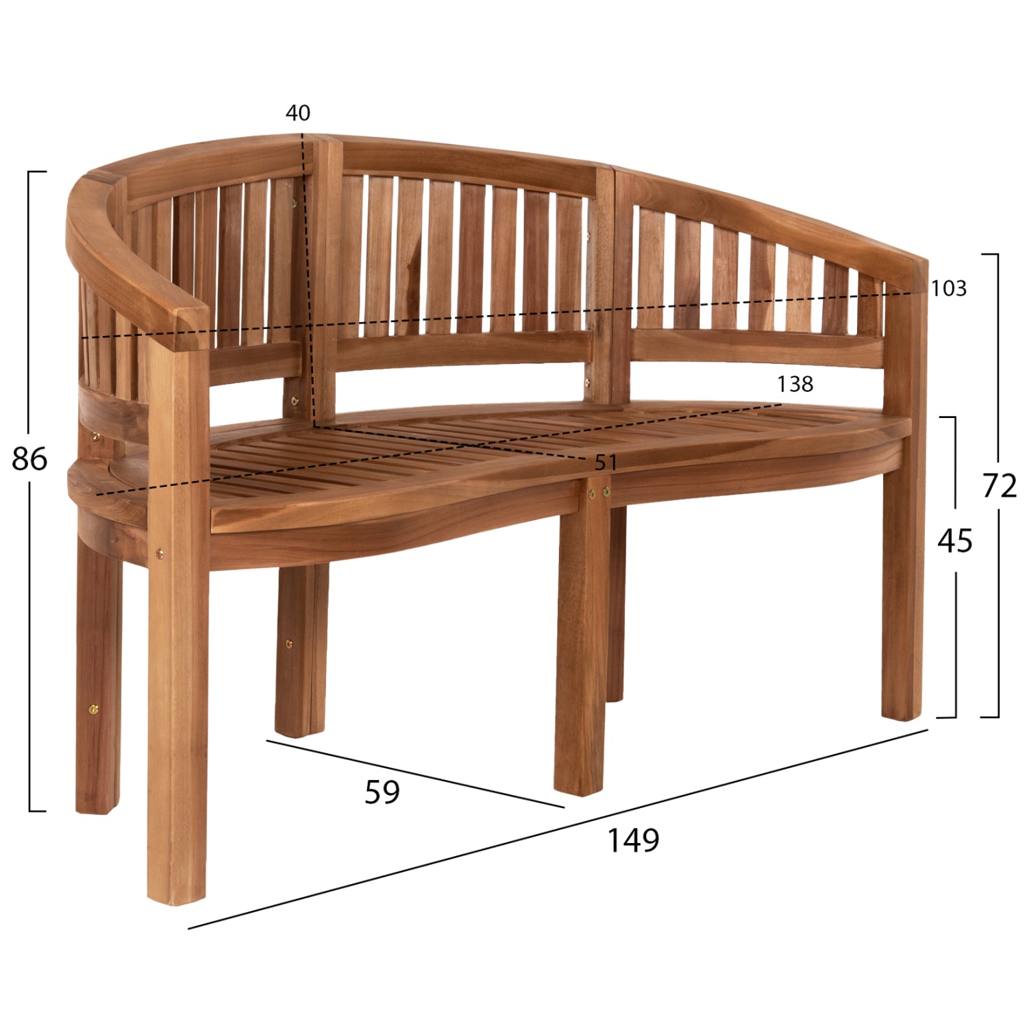 BENCH 2-SEATER CAPO HM9539 TEAK WOOD IN NATURAL COLOR 149x59x86Hcm.