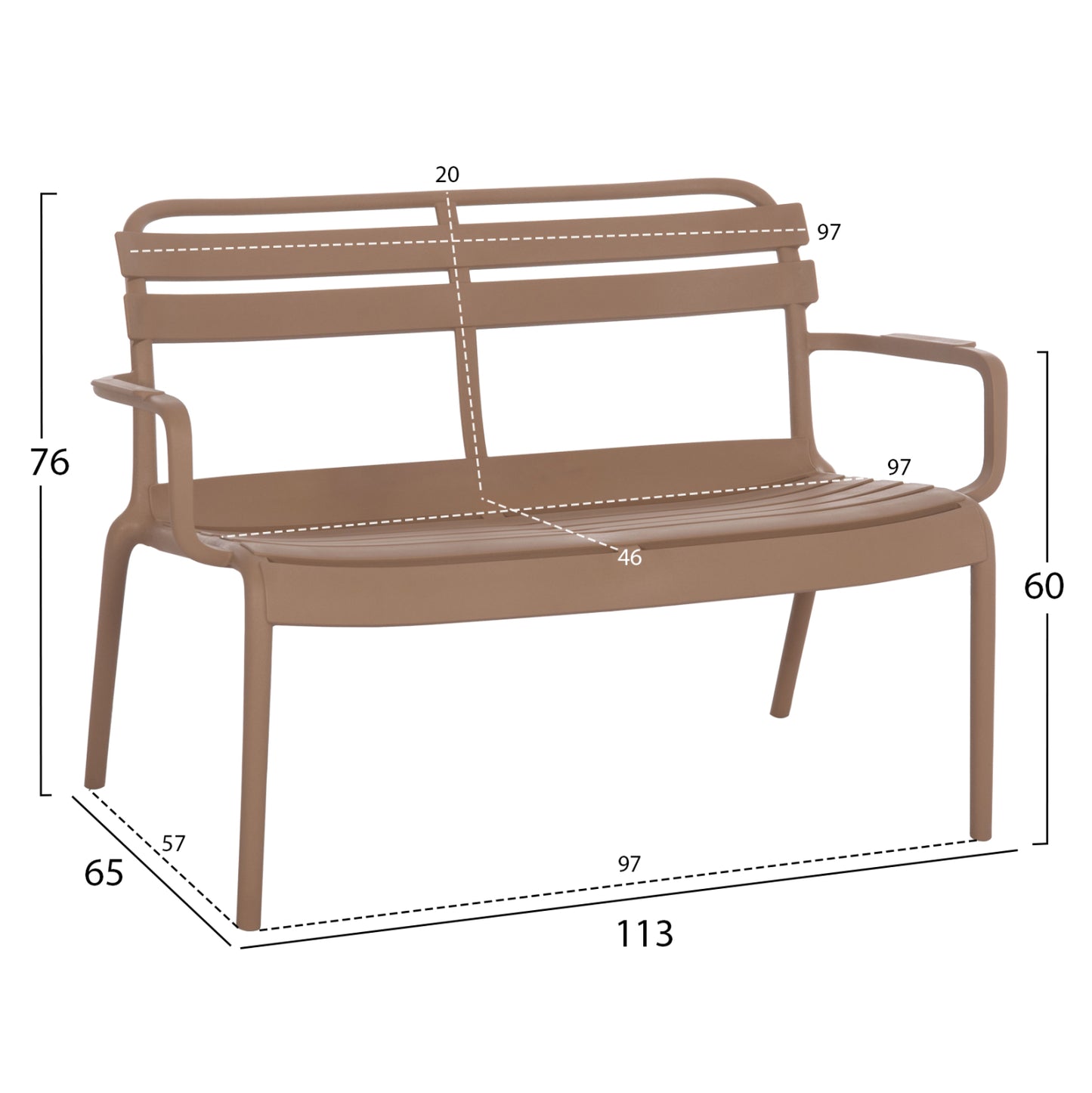POLYPROPYLENE 2-SEATER BENCH KORVER HM6332.04 CAPPUCCINO 113x65x76Hcm.