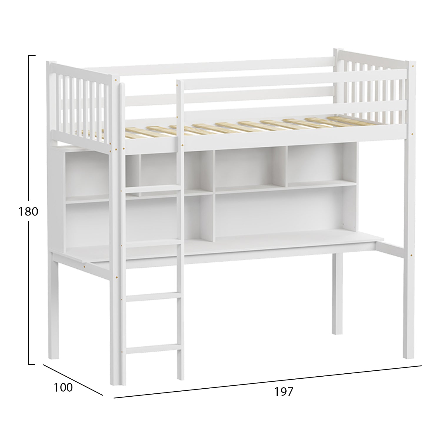 CHILDREN'S BUNKBED t.MONTESSORI WITH DESK & BOOKCASE LIBRO HM708.03 PINE WOOD IN WHITE- 90x190cm.