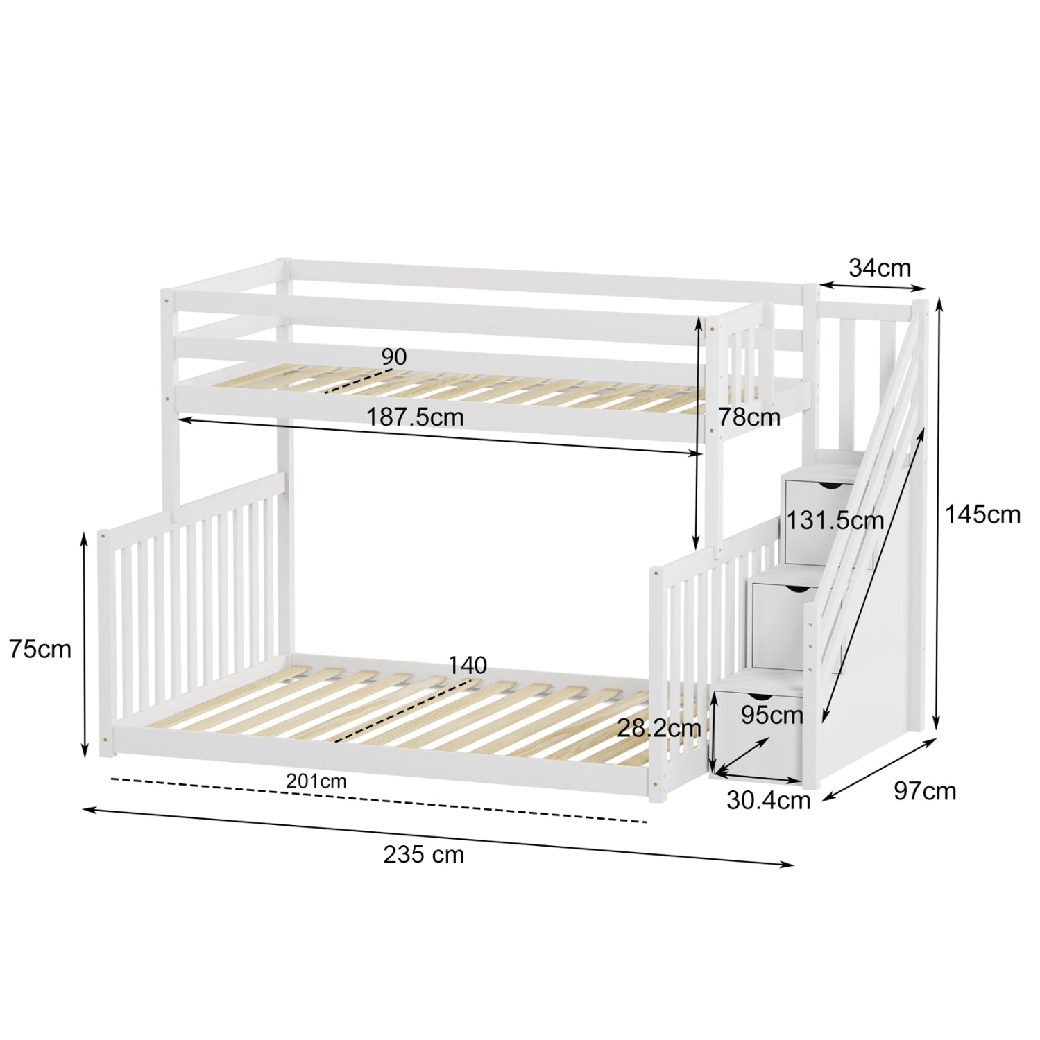 KID'S BUNKBED t.MONTESSORI BEAMER HM711.03 PINE WOOD IN WHITE-MATTRESSES 90-140x190cm.
