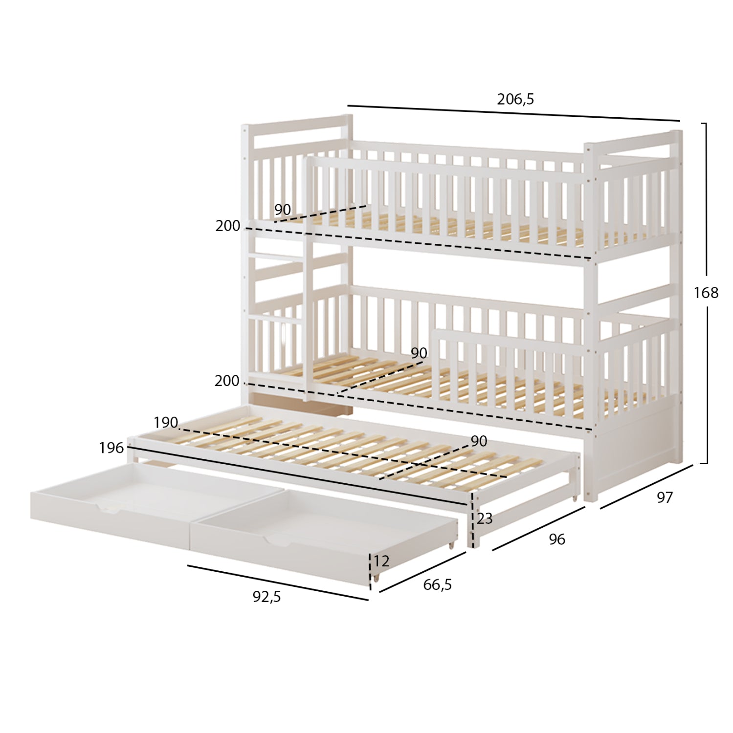CHILDREN'S BUNKBED WITH 3 BEDS & 2 DRAWERS TRIPLON HM709.03 PINE WOOD 90x190-200cm