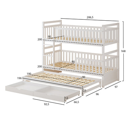 CHILDREN'S BUNKBED WITH 3 BEDS & 2 DRAWERS TRIPLON HM709.03 PINE WOOD 90x190-200cm