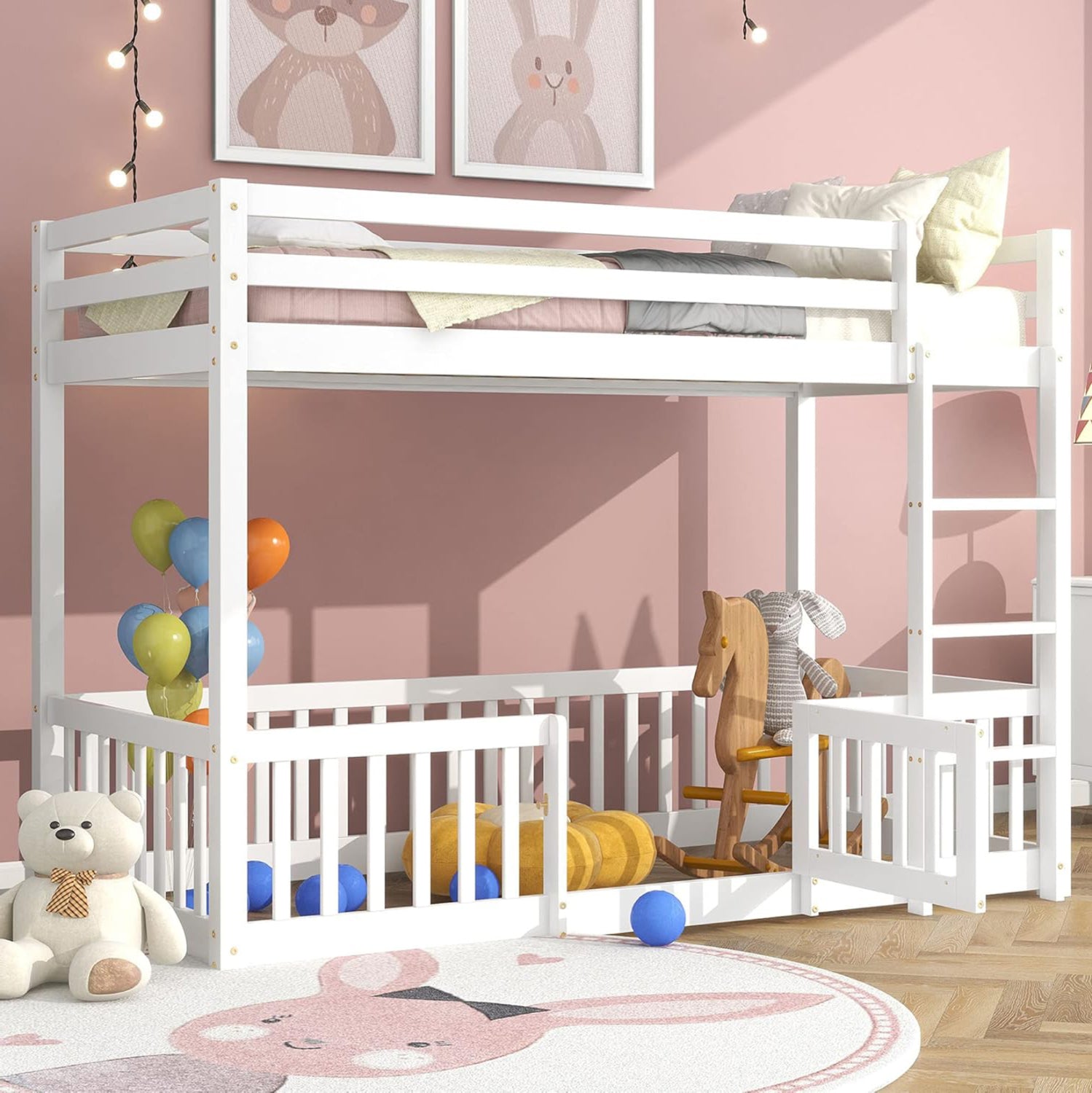 CHILDREN'S BUNKBED t.MONTESSORI PLAYKID WITH PLAYPARK HM703.03 PINE WOOD IN WHITE FOR 190x90cm..
