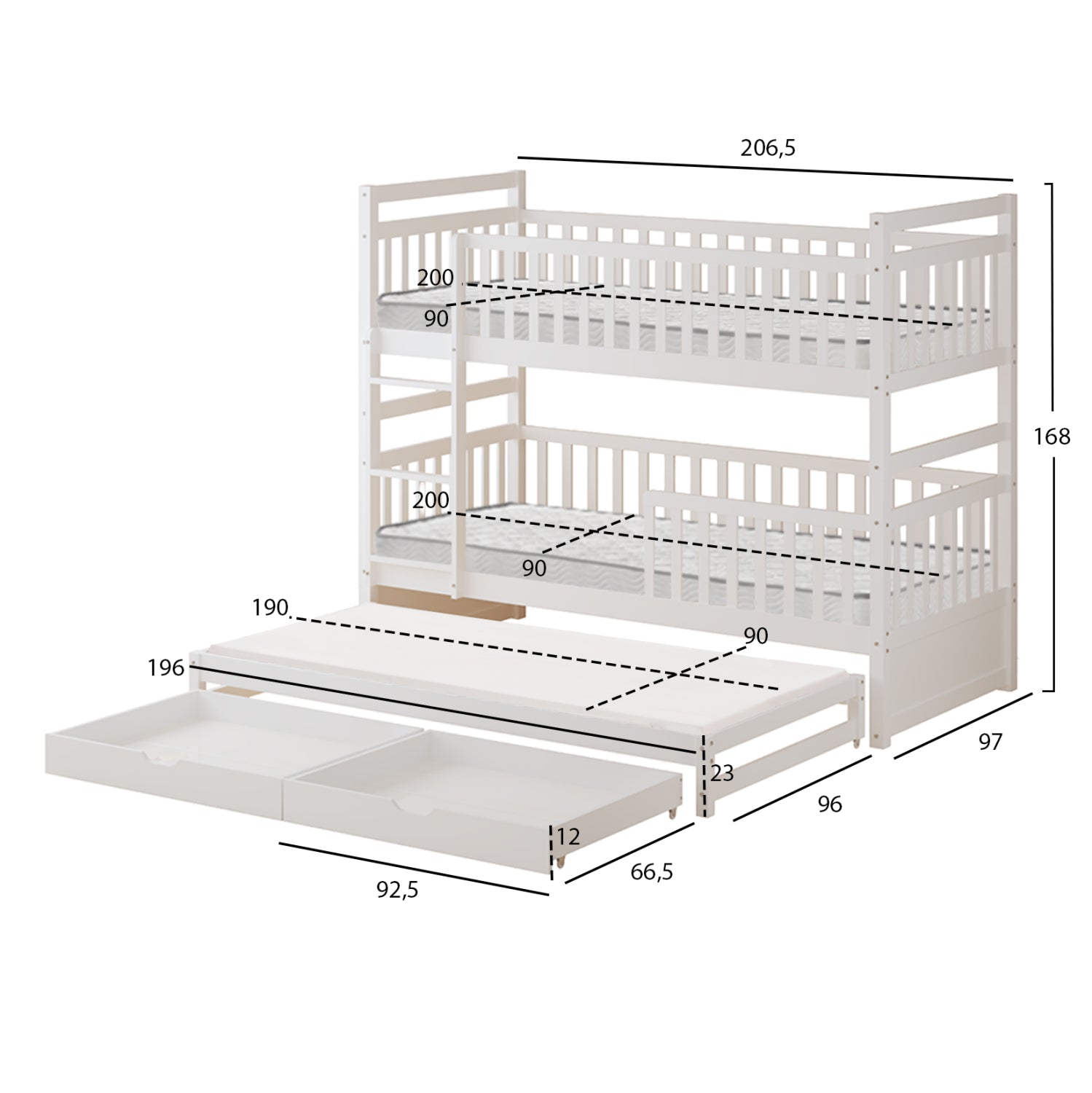 KIDS' BUNK BED WITH MATTRESSES & DRAWERS TRIPLON HM21318 PINE WOOD IN WHITE 207x97x168Hcm.