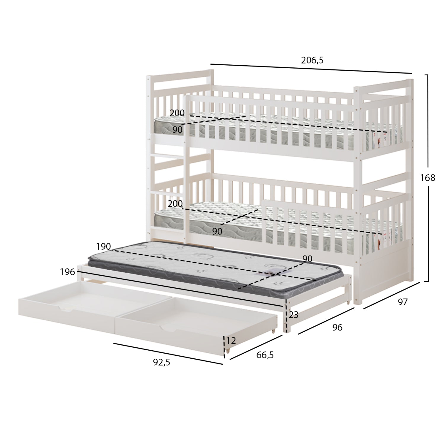 KIDS' BUNK BED WITH MATTRESSES & DRAWERS TRIPLON HM10996 PINE WOOD IN WHITE 207x97x168Hcm.