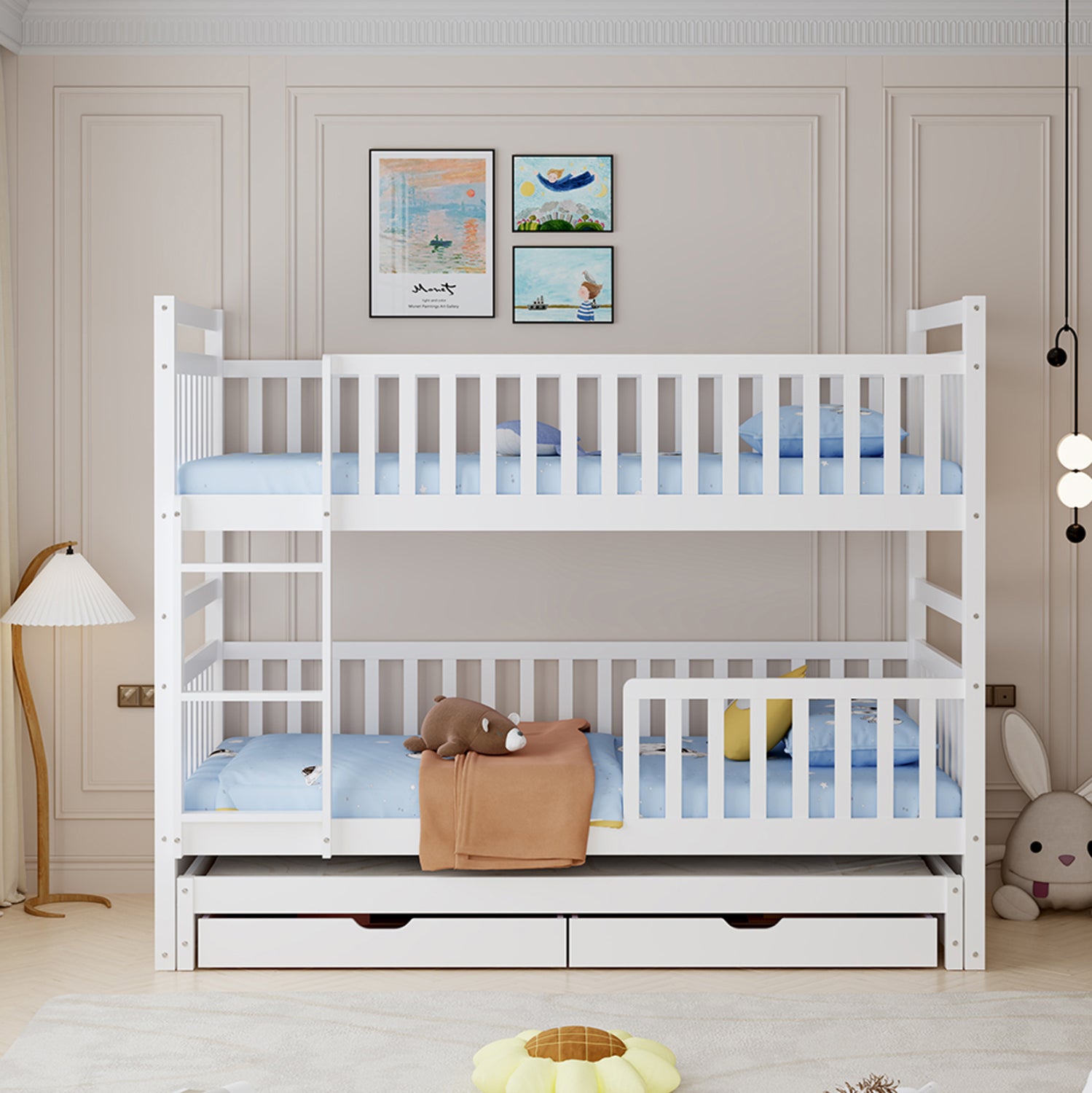 KIDS' BUNK BED WITH MATTRESSES & DRAWERS TRIPLON HM21318 PINE WOOD IN WHITE 207x97x168Hcm.