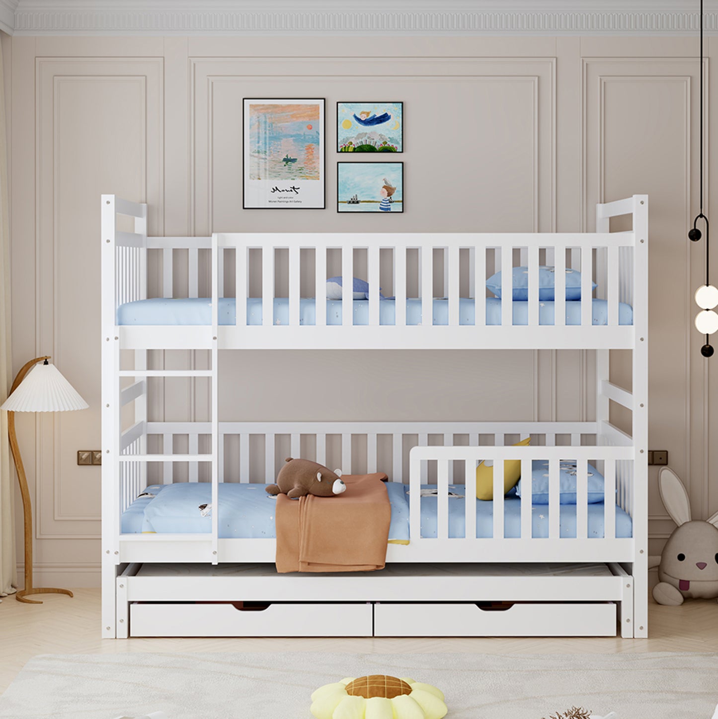 KIDS' BUNK BED WITH MATTRESSES & DRAWERS TRIPLON HM10996 PINE WOOD IN WHITE 207x97x168Hcm.
