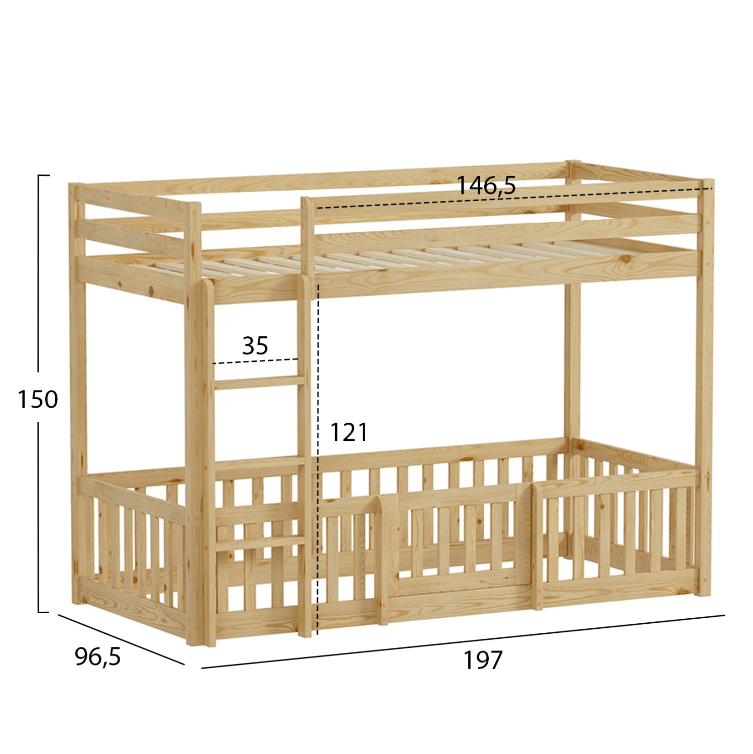 CHILDREN'S BUNKBED t.MONTESSORI PLAYKID WITH PLAYPARK HM703.01 PINE WOOD IN NATURAL FOR 190x90cm..