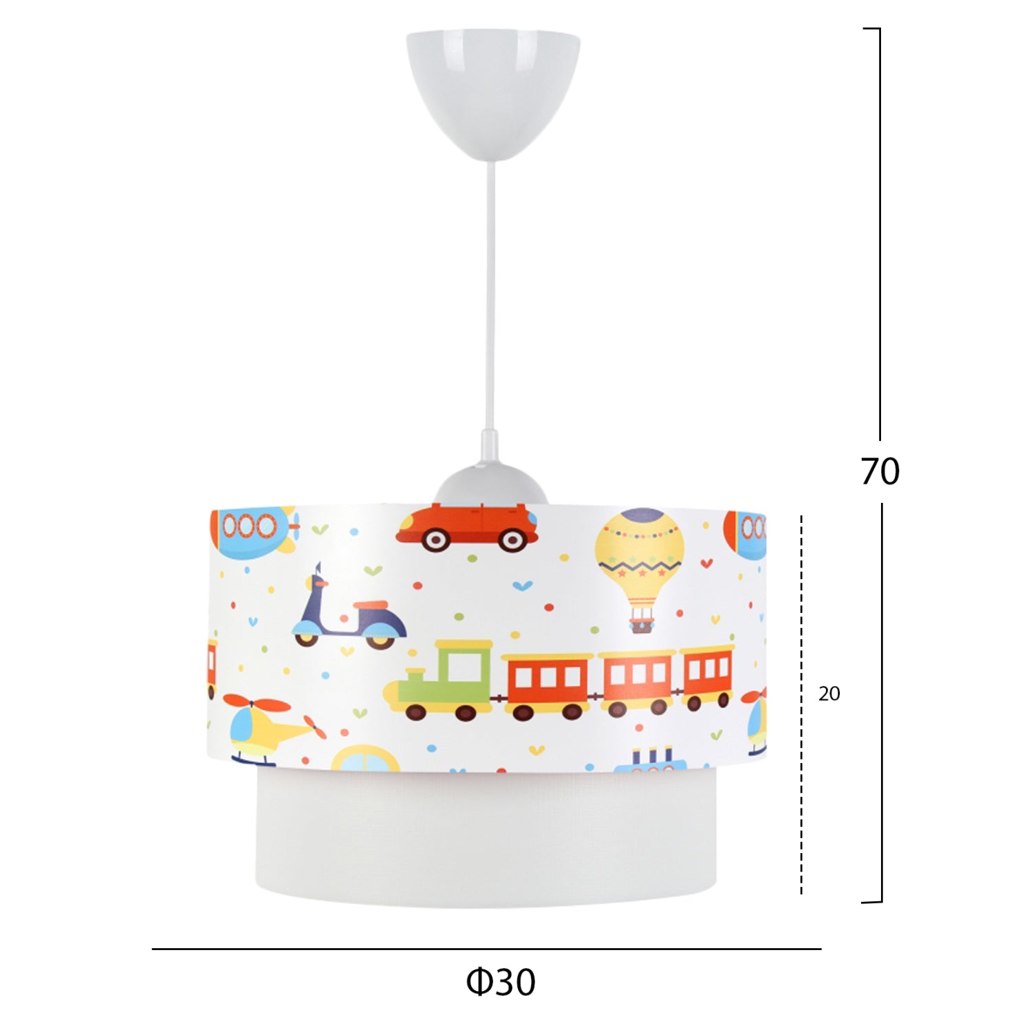 PENDANT CEILING LAMP HM7573.01 KIDS’ ROOM DOUBLE WHITE DRUM SHADE WITH MULTICOLORED TRANSPORT TOY FIGURES