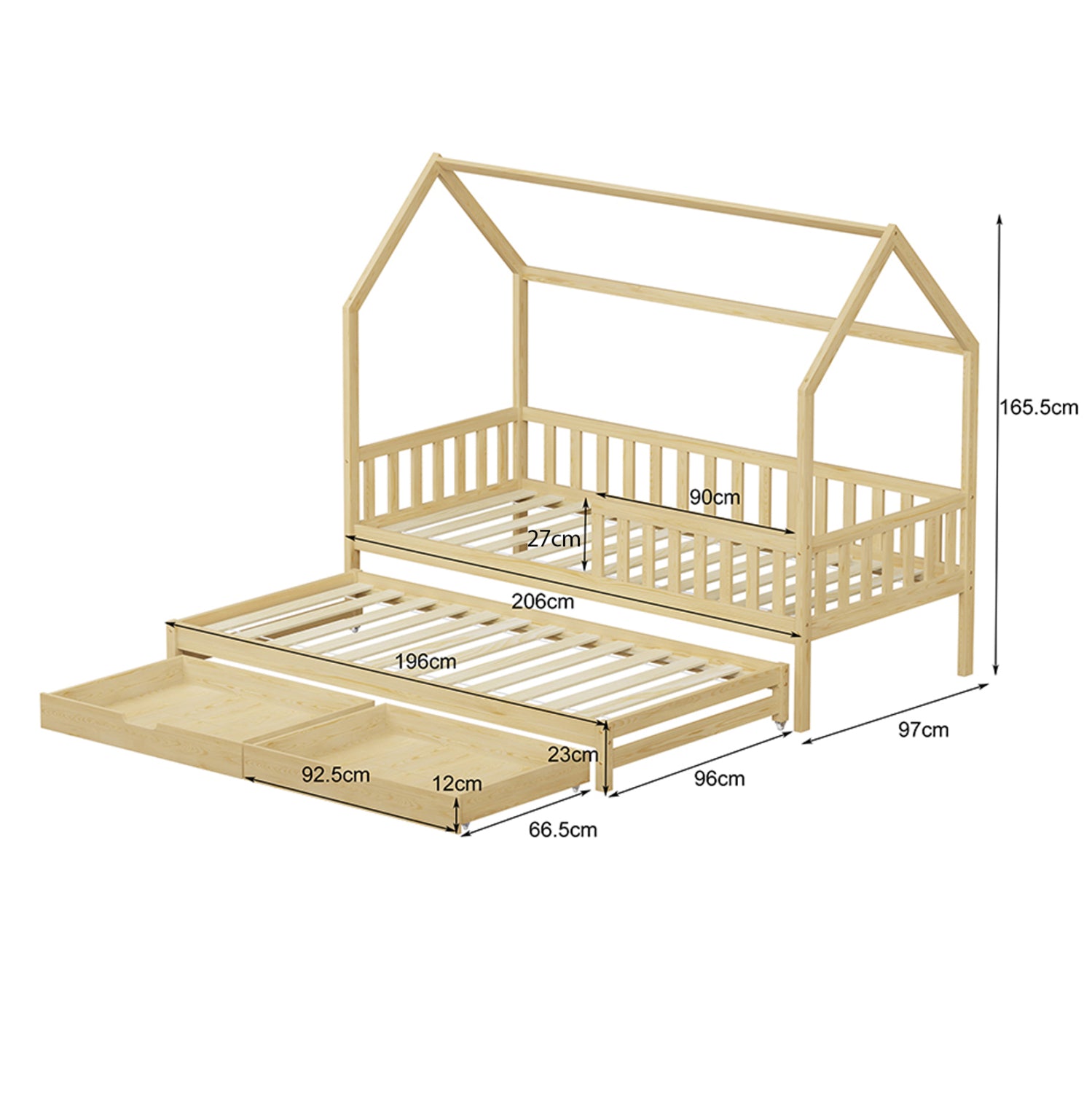 KID'S BED WITH RETRACTABLE SECOND BED & DRAWERS PHYLLIS HM723.01 PINE WOOD IN NATURAL 206x97x166Hcm.