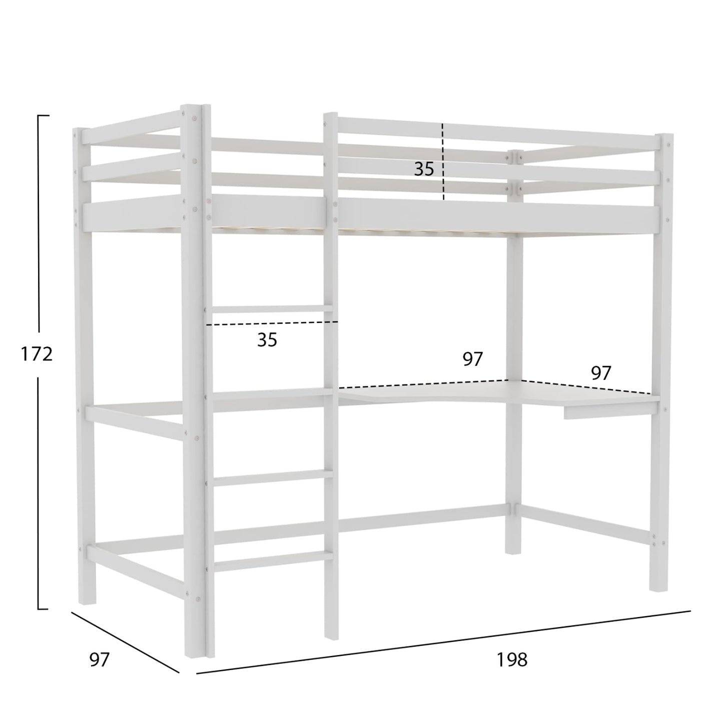 KID'S BUNK BED WITH DESK AKRON HM702.03 PINE WOOD IN WHITE FOR MATTRESS 90x190cm.