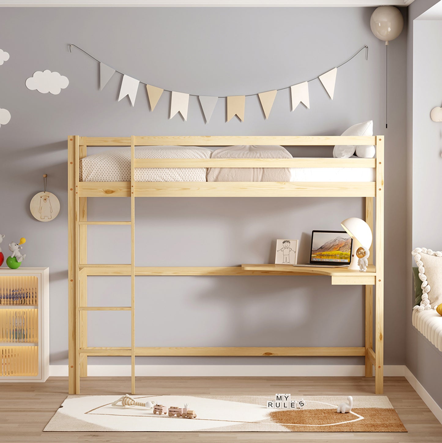 KID'S BUNK BED WITH DESK AKRON HM702.01 PINE WOOD IN NATURAL FOR MATTRESS 90x190cm.