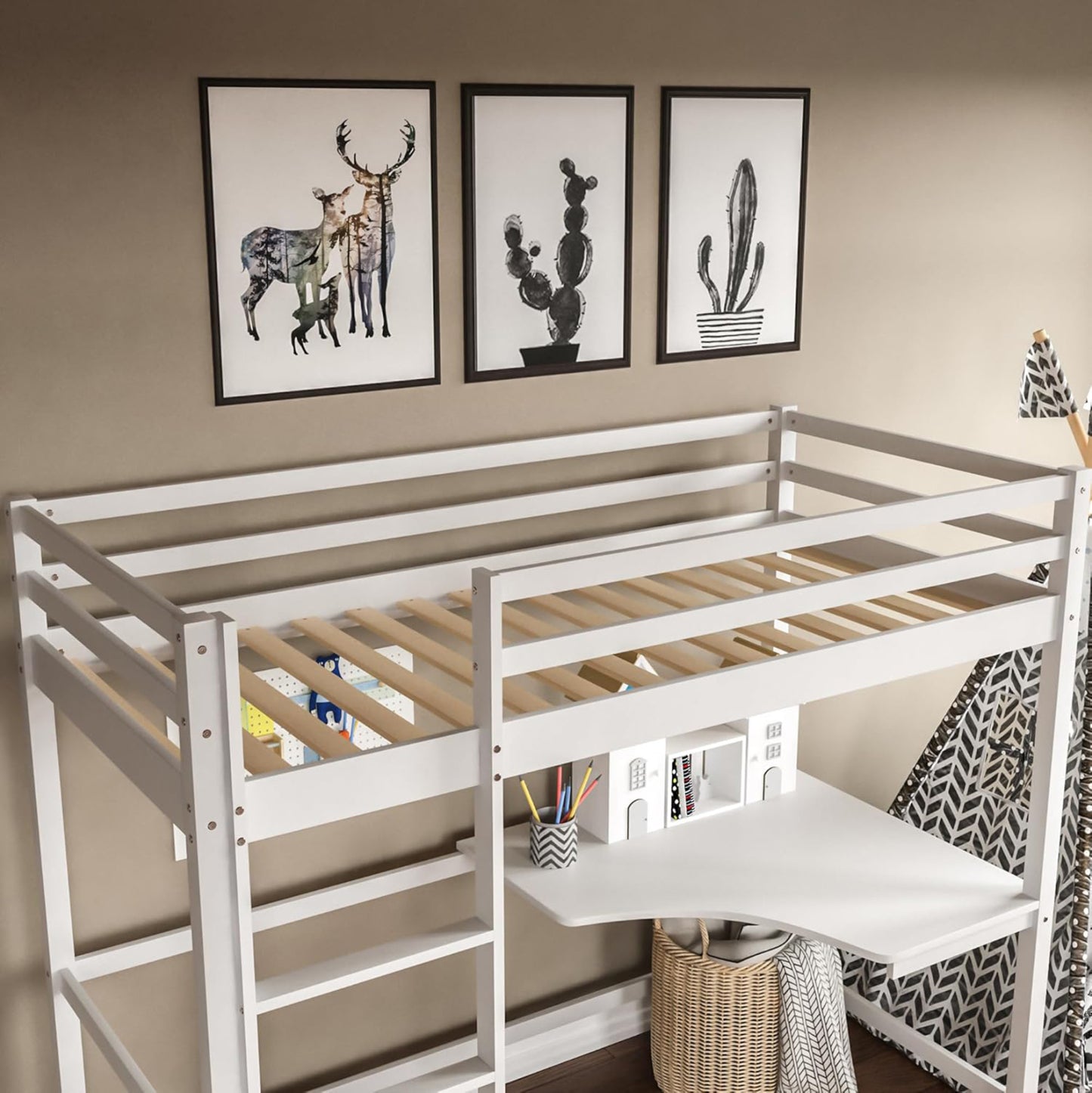 KID'S BUNK BED WITH DESK AKRON HM702.03 PINE WOOD IN WHITE FOR MATTRESS 90x190cm.