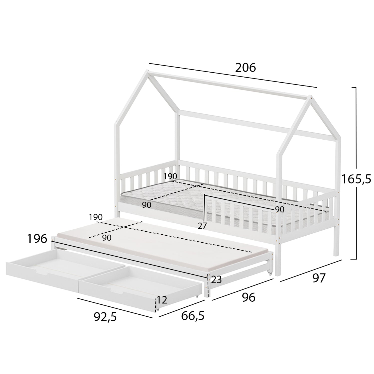 KIDS' BED WITH MATTRESSES & DRAWERS PHYLLIS HM21323.03 PINE WOOD IN WHITE 206x97x166Hcm.