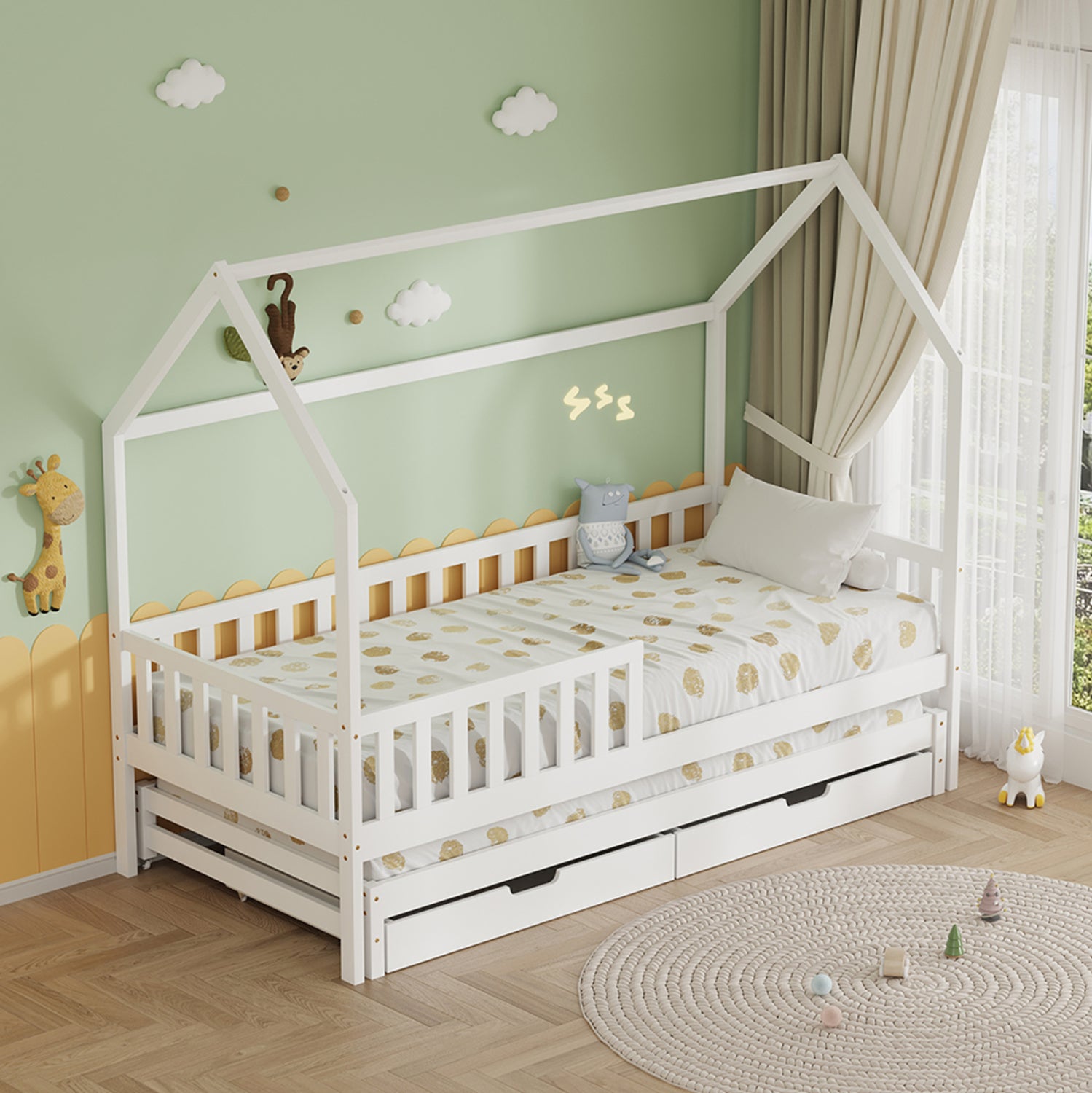 KIDS' BED WITH MATTRESSES & DRAWERS PHYLLIS HM21323.03 PINE WOOD IN WHITE 206x97x166Hcm.