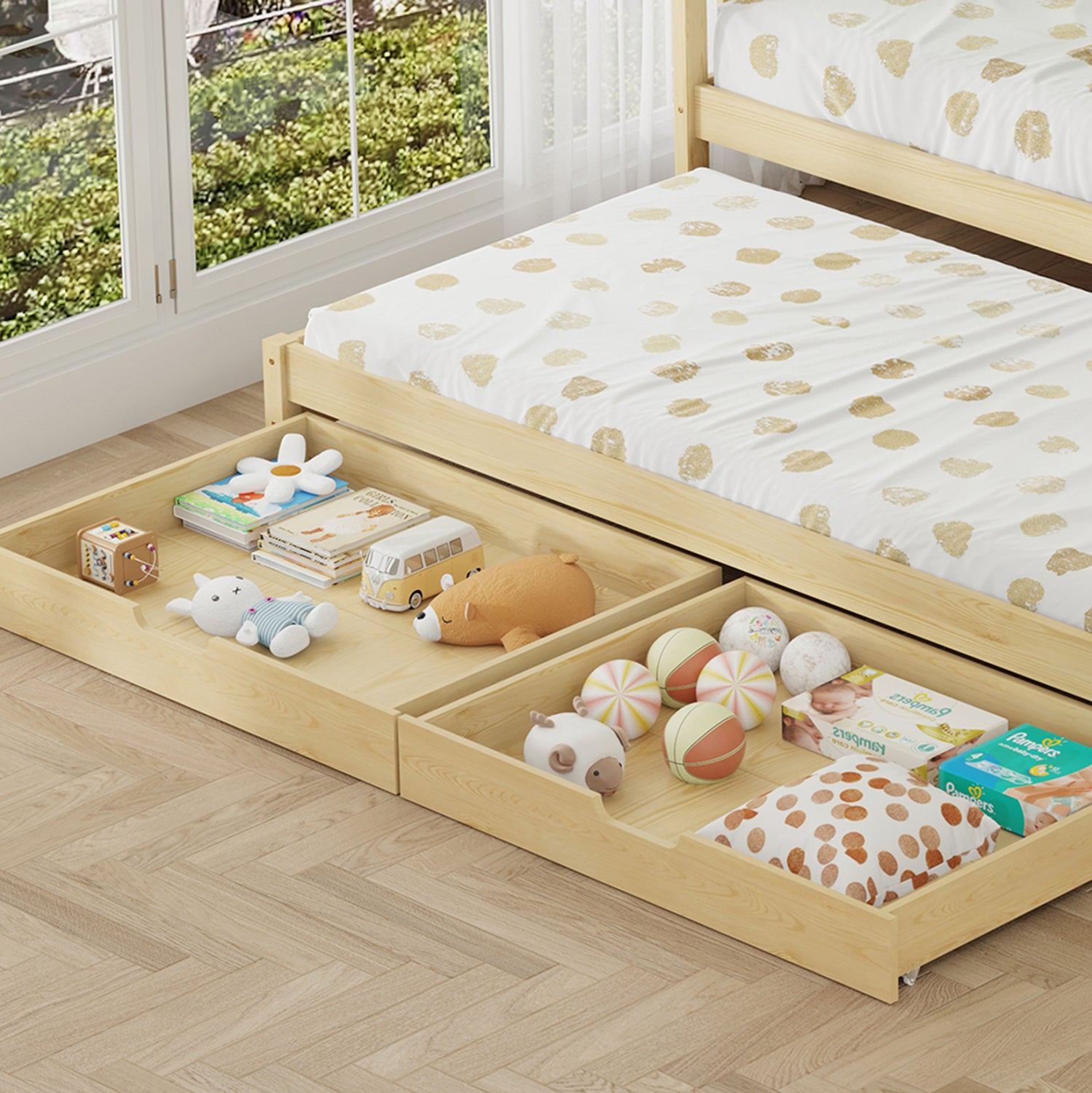 KIDS' BED WITH MATTRESSES & DRAWERS PHYLLIS HM21323.01 PINE WOOD IN NATURAL 206x97x166Hcm.