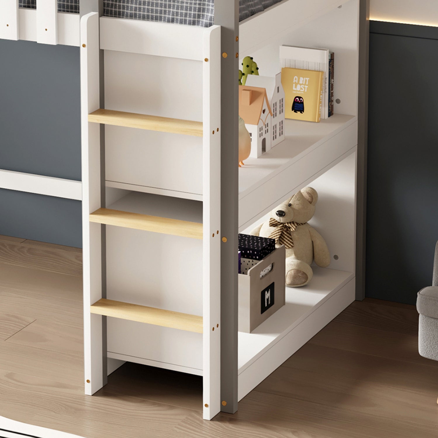 KID'S BED t.MONTESSORI WITH SHELVES HOMI HM712 PINE WOOD IN WHITE-GREY FOR MATTRERSS 90x190cm.