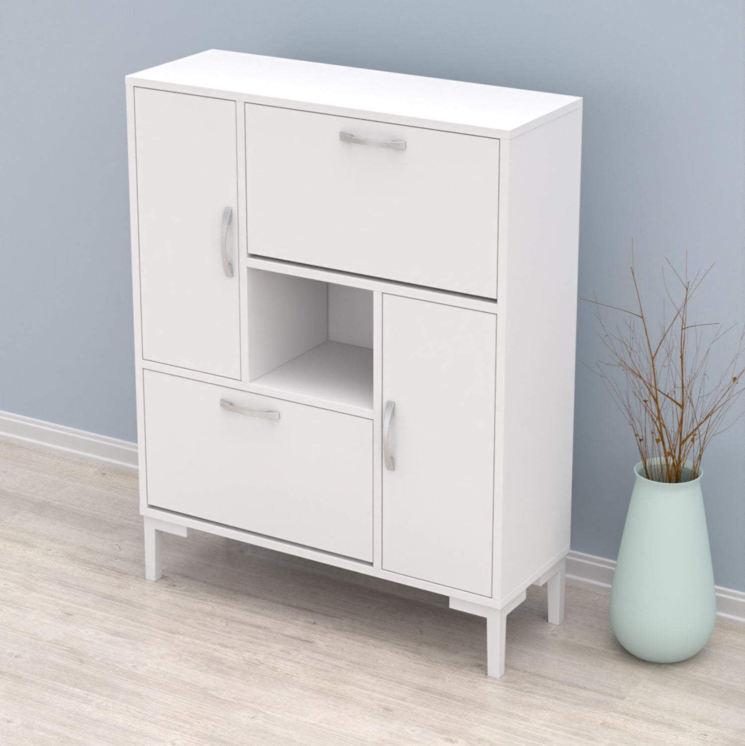 SHOE CABINET MEDY HM18187.03 MELAMINE IN WHITE-WHITE LEGS 86,5x30x109Hcm.