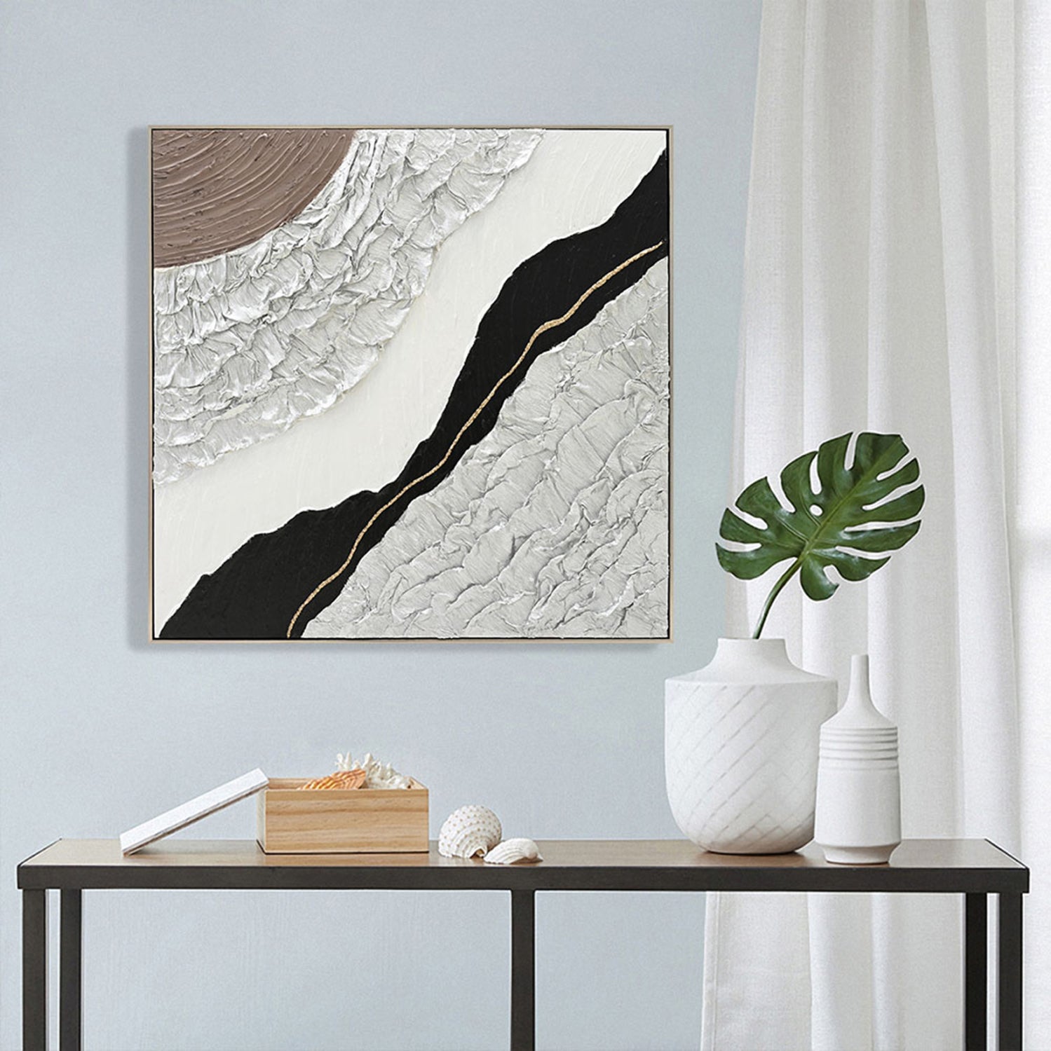 WALL PAINTING ABSTRACT (SQUARE) HM4553.01 BEIGE PS FRAME-CANVAS-HANDMADE 82x4.5x82Hcm.