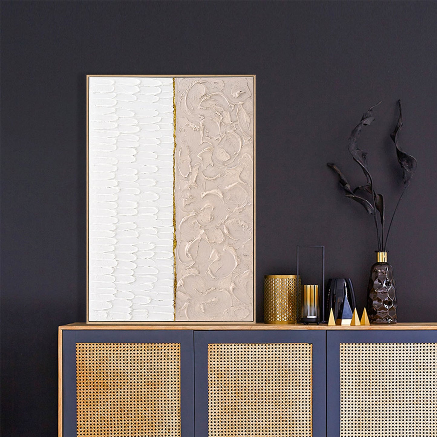 WALL PAINTING SHON HM4558 WITH BEIGE PS FRAME-CANVAS IN BEIGE & WHITE 62x4,5x92Hcm.
