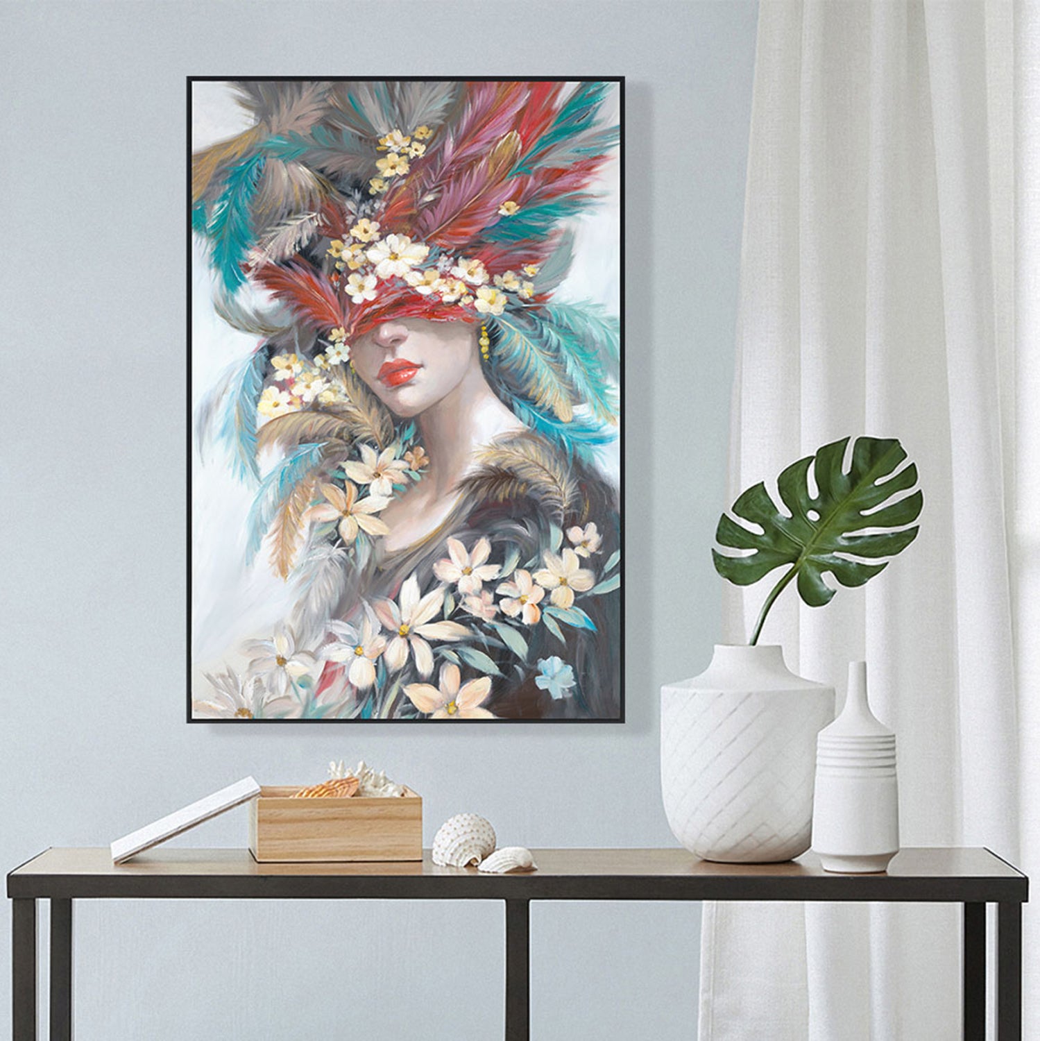 WALL PAINTING ONNANOKO HM4564 BLACK PS FRAME-PRINTED CANVAS WOMAN'S FACE WITH FEATHERS 82x4,5x122Hcm.