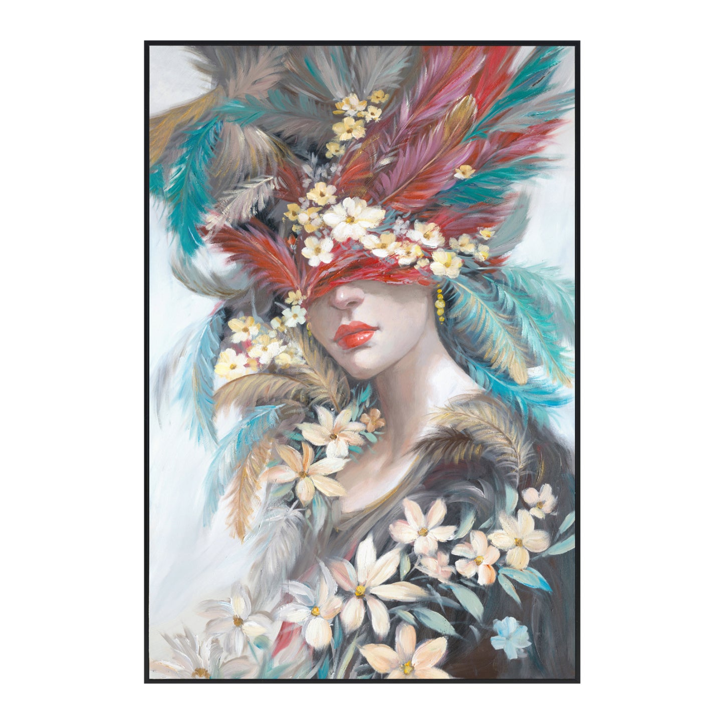 WALL PAINTING ONNANOKO HM4564 BLACK PS FRAME-PRINTED CANVAS WOMAN'S FACE WITH FEATHERS 82x4,5x122Hcm.