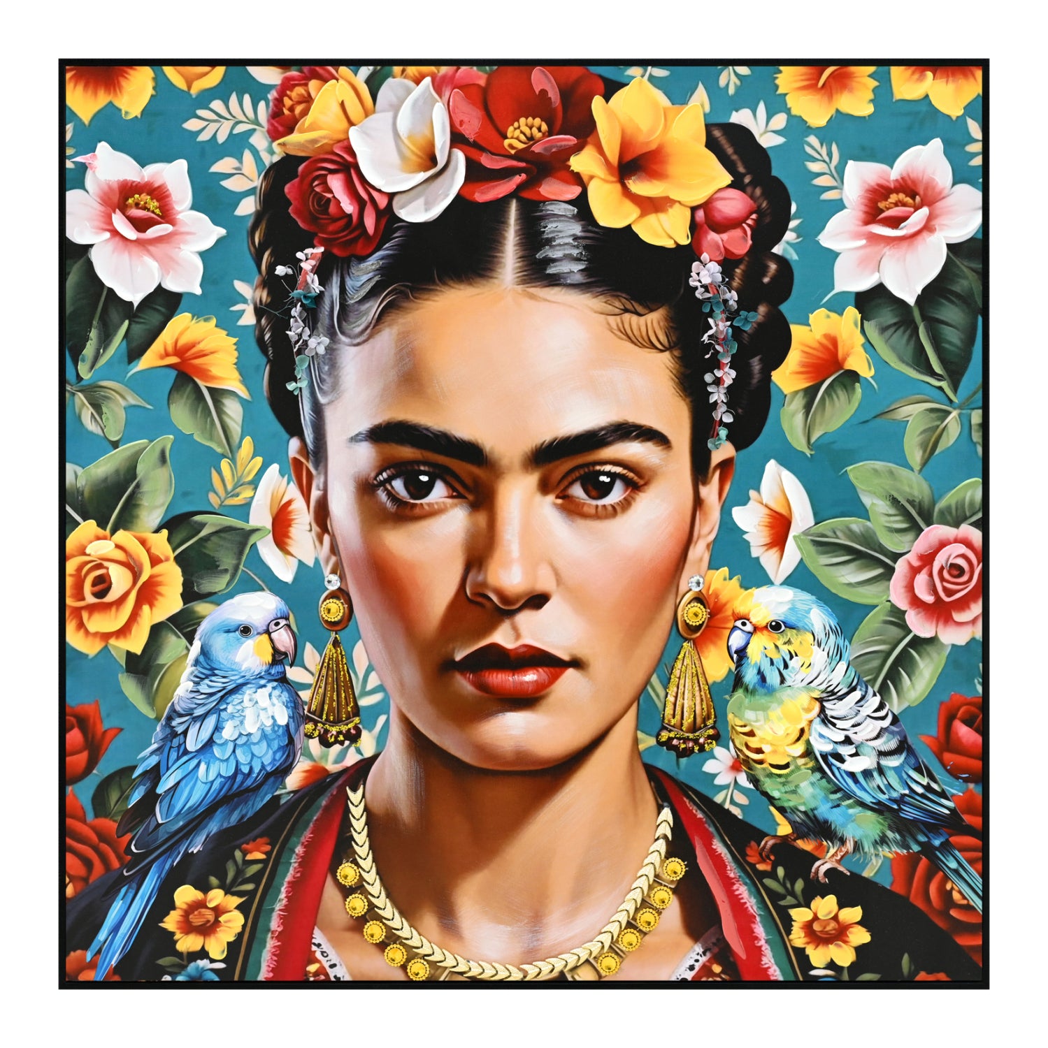 WALL PAINTING PARROTS HM4567 BLACK PS FRAME-PRINTED CANVAS WOMAN FACE & PARROTS 82x4,5x82Hcm.