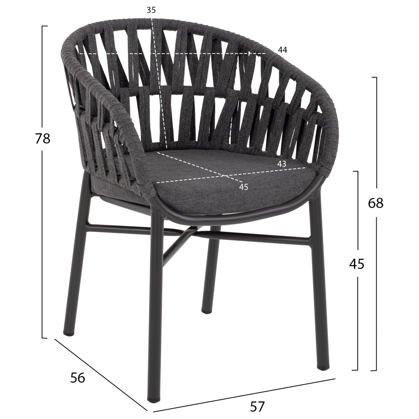 ARMCHAIR ALUMINUM DARK GREY WITH ROPE DARK GREY  HM5857.01 57x56x78Η cm.