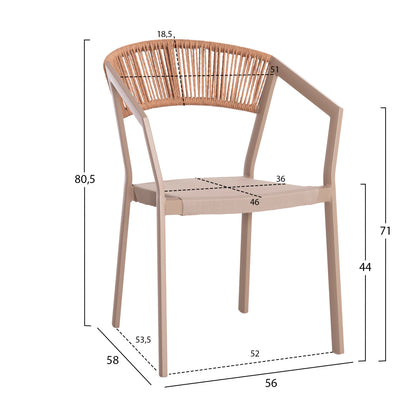 ARMCHAIR ALUMINUM MIRI HM5891.03 CHAMPAGNE FRAME AND TEXTLINE- BEIGE RATTAN BACKREST 56x58x80.5Hcm.