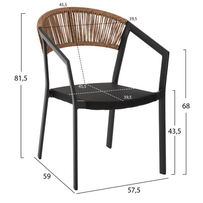 ARMCHAIR ALUMINUM MIRI HM5891.05 BLACK FRAME AND TEXTLINE- BEIGE RATTAN BACKREST 57,5x59x81,5Hcm.
