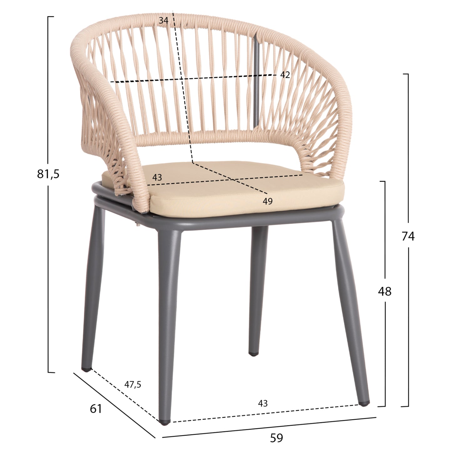 ALUMINUM ARMCHAIR MAGNET HM6287.01 DRAK GREY FRAME-P.E.ROPE IN BEIGE 59x61x81.5Hcm.
